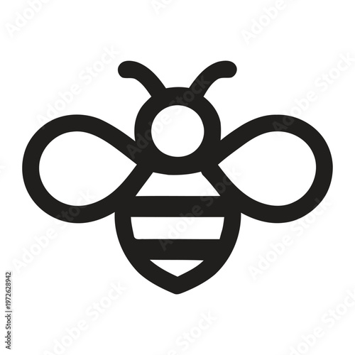 A simple black and white line drawing depicts a bee with clearly defined wings and abdominal stripes high-quality professional detailed