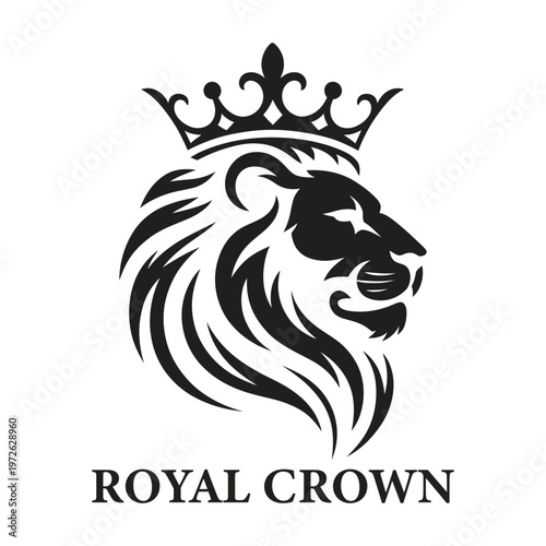 A regal black and white illustration depicts a lion s head crowned with text reading royal crown below high-quality professional