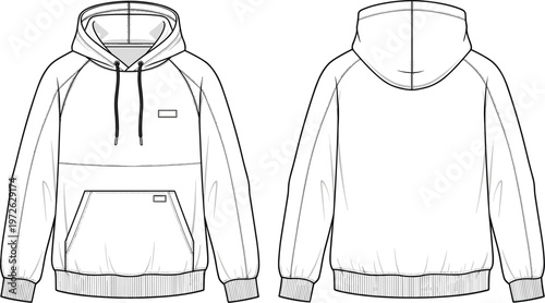 Technical fashion flat sketch of men's raglan sleeve hoodie featuring front and back views with kangaroo pocket and drawstrings for apparel design and manufacturing.
