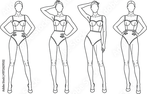 Set of female fashion croquis templates in various poses wearing lingerie bodysuits for technical illustration apparel design and garment manufacturing projects.