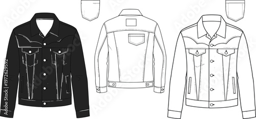 Technical Fashion Flat Sketch of Unisex Classic Denim Trucker Jacket Featuring Flap Pockets Western Yoke Details and Metal Buttons for Apparel Design Tech Pack Templates
