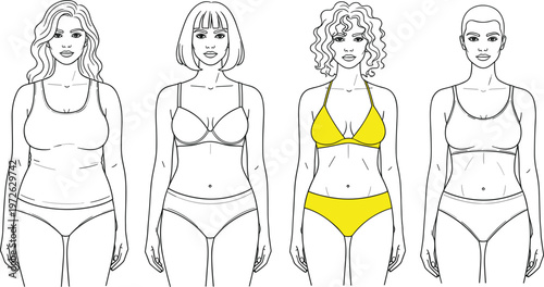 Diverse female fashion croquis vector set featuring body positive figure templates with various hairstyles and underwear styles for inclusive apparel design sketches.