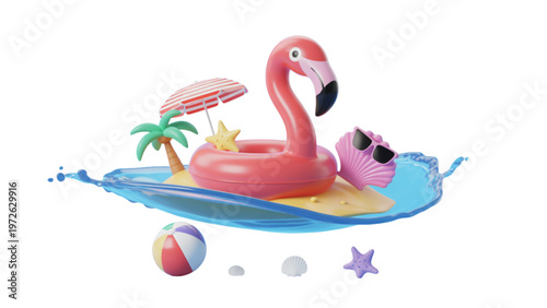 A cheerful pink flamingo floating on a blue water surface with playful elements Vector