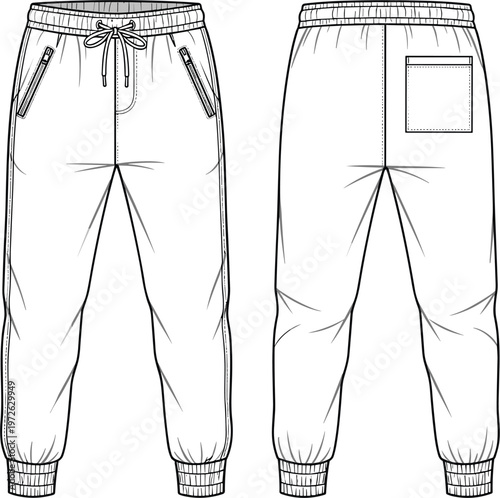 Technical fashion flat sketch vector of jogger sweatpants featuring elastic waistband with drawstring zipper pockets and back pocket for apparel design development clothing manufacturing.