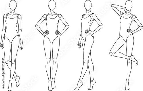 Female fashion croquis vector set featuring four professional model body figure templates in various poses for technical apparel design and swimwear sketches.
