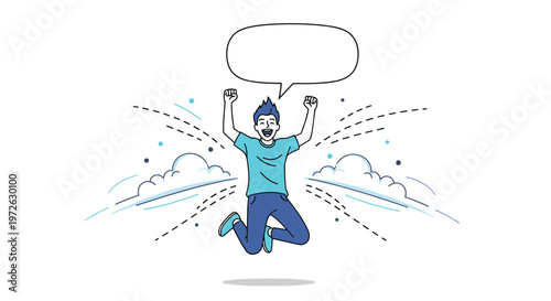 Energetic young man jumps high in the air with excitement while a blank speech bubble floats above him for custom text messages.