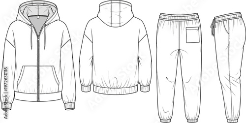 Technical fashion flat sketch vector of a tracksuit set including zip-up hoodie and jogger pants for apparel design development clothing manufacturing and garment spec sheets.
