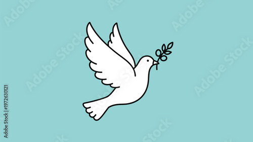 A white dove flies peacefully with an olive branch in its beak against a soft green background.