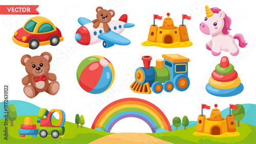Colorful cartoon animals and objects celebrating a joyful children's playtime scene Vector