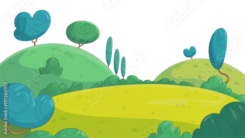 A whimsical landscape featuring rolling green hills and scattered trees under a clear sky Vector