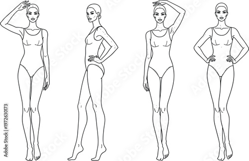 Fashion female croquis vector illustration featuring professional model poses wearing swimwear bodysuit for garment technical sketches clothing design and apparel development templates.