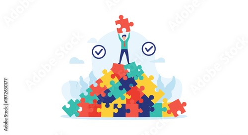 Successful man stands on a large pile of colorful puzzle pieces while holding the final piece to complete the challenging project.