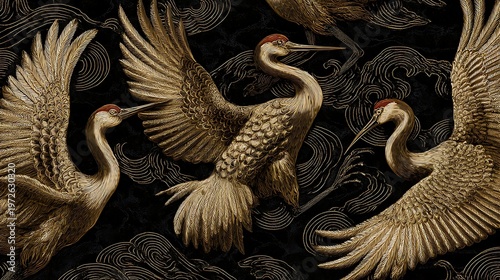 Three golden cranes flying over stylized dark clouds in a traditional japanese style pattern
