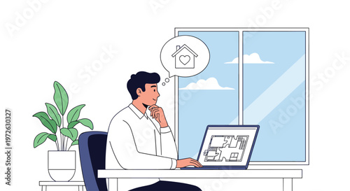 Thoughtful man looks at architectural floor plans on his laptop while dreaming about owning his own house in a modern home office.