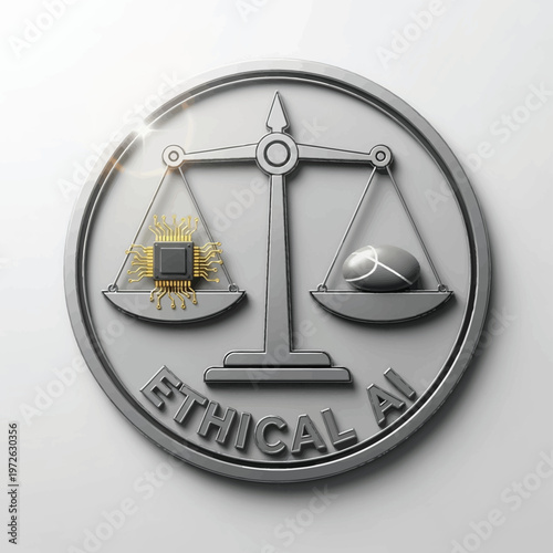 A silver badge featuring a scale with a microchip and a sphere on either side, symbolizing ethical AI.