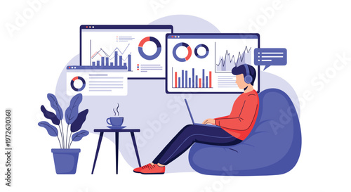 Creative professional relaxes in a blue bean bag chair while working on a laptop with multiple data visualization screens floating.