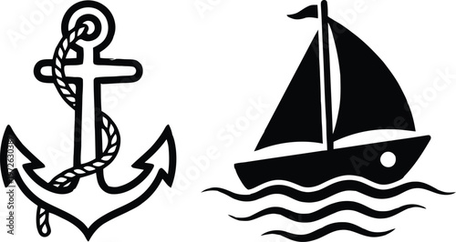 Anchor and sailboat on water nautical icons