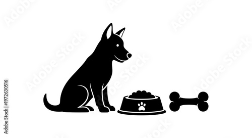 Black dog sitting with food bowl and bone, pet silhouette, animal icon, black and white vector