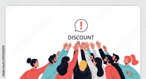 Large group of enthusiastic people reaches their hands up towards a discount sign to participate in a major shopping sale event.