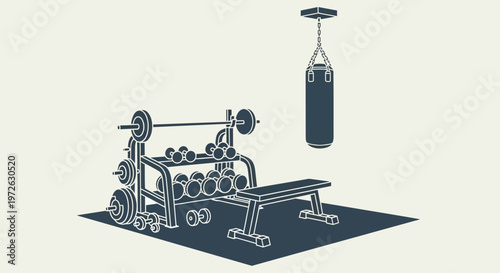 Gym equipment, fitness station, workout bench, dumbbell rack, punching bag