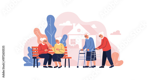 Group of elderly people enjoys a social day outdoors in a park near a nursing home while using walkers for mobility assistance.