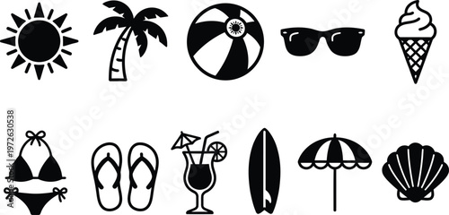 Black and white beach vacation icons and symbols