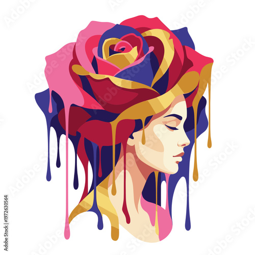 Serene female profile fused with a giant dripping rose in vivid pink crimson gold and cobalt creates a surreal beauty portrait for fashion editorials wall art and romantic branding.