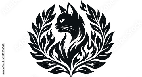 A heraldic black cat rising through stylized flames inside a laurel wreath creates a fierce monochrome crest for tattoo studios esports identities gothic labels and nocturnal brand marks.