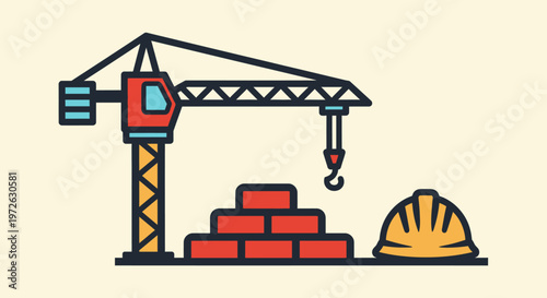 Construction icons, crane, bricks, hard hat, building tools, industrial symbols, vector graphics