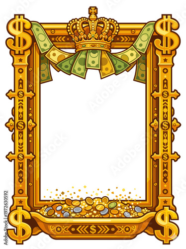 Opulent money frame with dollar sign pillars crowned cash drapery and a glittering coin tray creates a high stakes luxury border for casino promos winner cards and wealth themed streams.