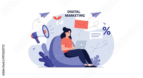 Digital marketing expert works on her laptop surrounded by icons for email, megaphone, and advertising to grow brand reach online.