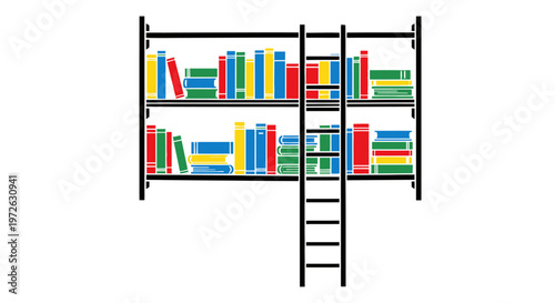 Colorful bookshelf, bookcase with books, library storage, shelving unit