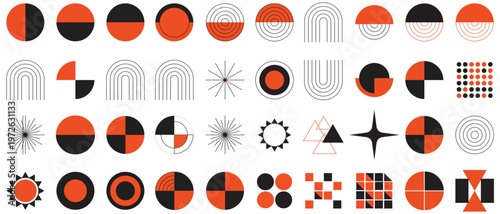 Abstract Geometric Shapes Pattern Set in Red Black and White Minimal Vector Design, Hand drawn abstract minimal element mid century vector set. Aesthetic contemporary stripe line art, geometric shape 