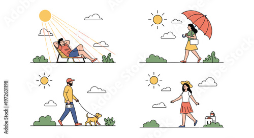 Set of illustrations shows people enjoying various sunny day activities including sunbathing, walking a dog, and using an umbrella.