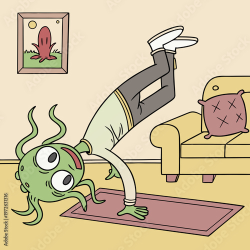 Whimsical green alien character with tentacles doing a handstand yoga pose indoors in a living room with a couch with a cushion and a framed picture adorn the background with sci fi with wall art