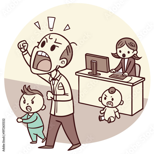 Stressed father yelling at crying children with an oblivious mother working at a desk in the background, depicting family chaos and work-life balance struggles, daily life, modern family, work