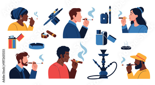 Diverse collection of people smoking tobacco products including cigarettes, cigars, electronic vapes, and a traditional hookah pipe.