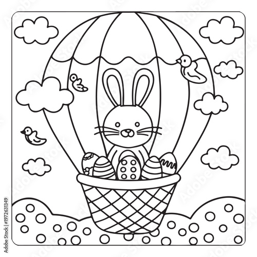 Detailed Easter Bunny and Eggs Scene Coloring Page - Black and White Line Art Illustration