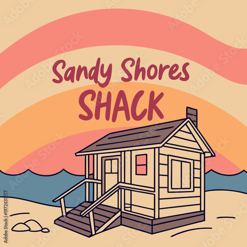 Cozy wooden beach shack on a sandy shore with a colorful sunset sky and ocean waves in the background, featuring "sandy shores shack" text, the text "sandy shores shack" is displayed above