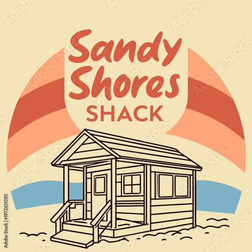 Line art illustration of a beach shack on sandy shores with retro text and arch