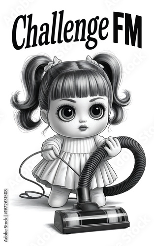 cartoon girl struggling with vacuum cleaner, household chore