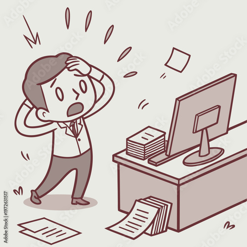 Overwhelmed businessman at desk with piles of documents and flying papers, depicting work stress and tight deadlines, too much, mental health