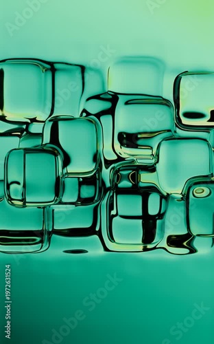 Fluid like transparent cubes curved shapes apearing from top to bottom on gradient teal background. Seamless vertical 3d animation