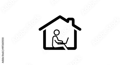 Black and white icon depicting a person working on a laptop inside a house outline, symbolizing remote work or work from home.
