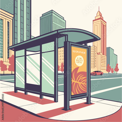City bus stop shelter with blank advertising billboard and distant car on street, illustrating urban public transport and marketing space, street furniture, daily life, graphic design