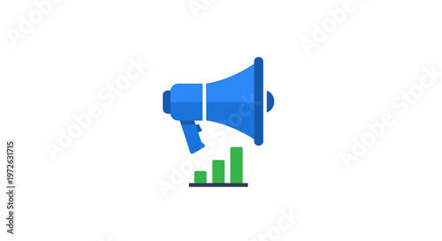 A blue megaphone icon positioned above an ascending green bar chart, symbolizing marketing, promotion, and business growth.