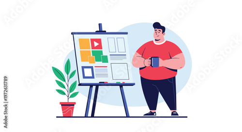 Creative professional man standing next to a whiteboard easel with a colorful presentation plan while holding a blue coffee mug.