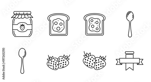 Simple line art icons of breakfast items including jam, toast, strawberries, and spoons