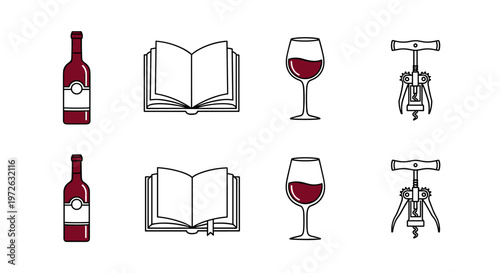 Wine bottle, open book, wine glass, and corkscrew icons arranged in a grid