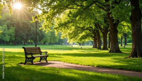 Serene Park Bench Bathed in Golden Morning Sunlight.